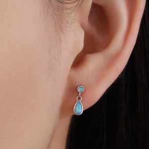Tiny Opal Dangle Stud Earrings in Sterling Silver with Round and Droplet Opals, Silver or Gold, White Opal or Blue Opal