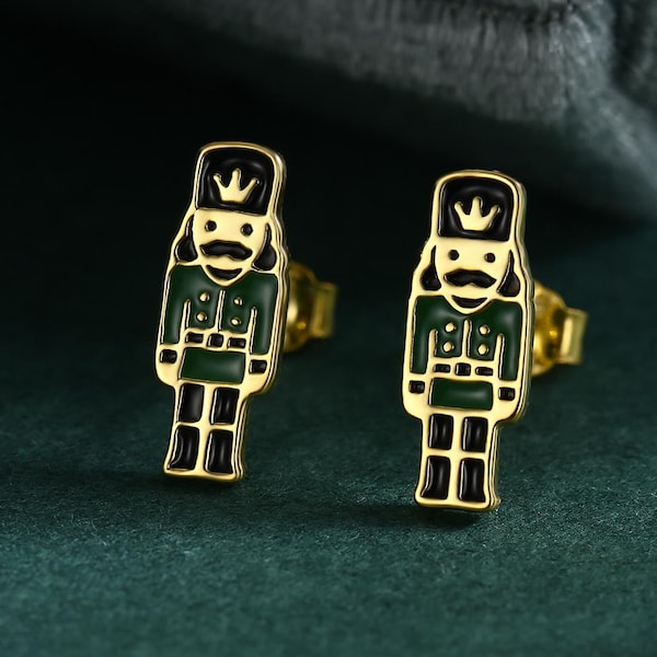 Sterling Silver Nutcracker Stud Earrings - Silver or Gold Finish - Enamel Nutcracker Style Earrings