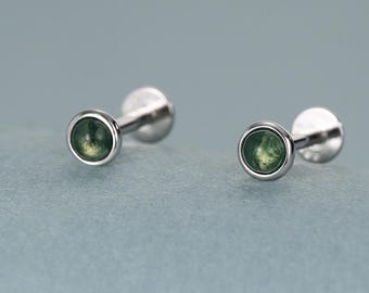 Natürliche Moos Achat 16G Flat Back Ohrringe in Sterling Silber, 3 mm, 4 mm, 5 mm und 6 mm, echter Moos Achat Edelstein Ohrstecker