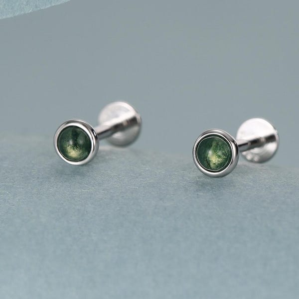Natural Moss Agate 16G Flat Back Earrings in Sterling Silver, 3mm, 4mm, 5mm and 6mm, Genuine Moss Agate Gemstone Stud