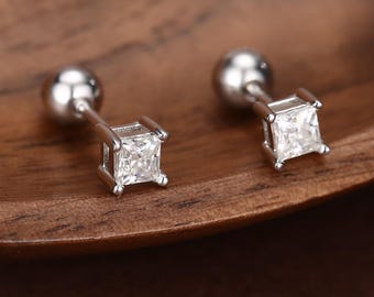 Sterling Silver Princess Cut Moissanite 18G Screw Back Earrings