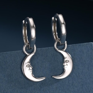 Sterling Silver Crescent Moon Face Hoop Earrings, Detachable Charm Dangle Hoop Earrings, Silver or Gold,  Interchangeable Charms