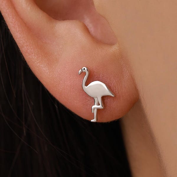 Pendientes de flamenco en plata de ley, plata u oro rosa, pendientes de flamenco, pendientes de animales inspirados en la naturaleza.