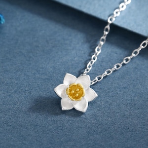 Sterling Silver Tiny Little Daffodil Flower Blossom Pendant Necklace with 18ct Gold Plating - Cute and Whimsical Jewellery