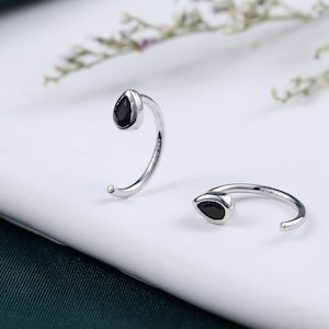 Black CZ Droplet Huggie Hoop Earrings in Sterling Silver, Tiny Black CZ Pear Cut Open Hoops, Pull Through Threaders, Half Hoops, C Shape