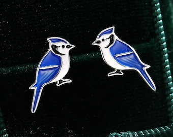 Clous d'oreilles en argent sterling geai bleu, boucles d'oreilles geai bleu enduites d'émail, boucles d'oreilles animaux inspirés de la nature