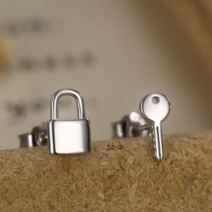 Tiny Key and Lock Mismatched Stud Earrings in Sterling Silver, Silver or Gold, Stacking Earrings