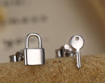 Tiny Key and Lock Mismatched Stud Earrings in Sterling Silver, Silver or Gold, Stacking Earrings