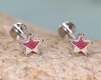 Sterlingzilveren AB Aurora CZ labret-oorbellen met platte achterkant met platte achterkant