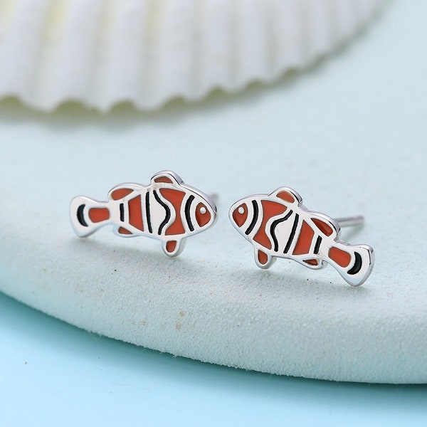 Enamel Clownfish Stud Earrings in Sterling Silver,  Fish Earrings, Tiny Fish Earrings, Tiny Tropical Fish Stud