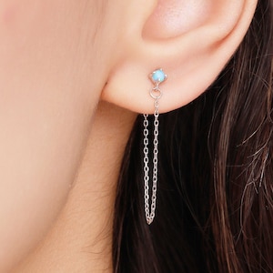 Tiny Opal Chain Ear Jacket Earrings in Sterling Silver, Silver or Gold, Blue Opal or White Opal, Front and Back Earrings, Chain Earrings
