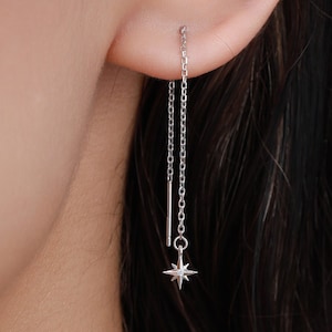 Extra Tiny CZ Starburst Threader Earrings in Sterling Silver, Silver or Gold, North Star Ear Threaders, 10cm long threaders, Double Piecing