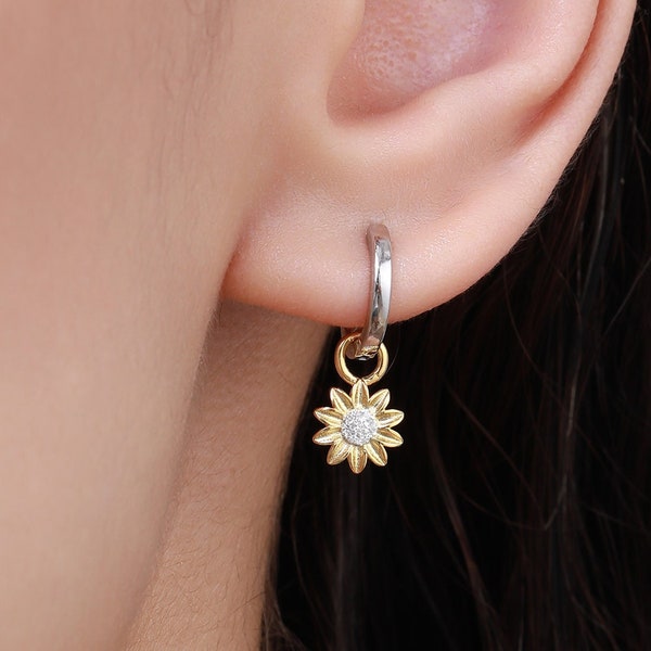 Sterling Silver Sunflower Huggie Hoops, Dainty Dangle Sunflower Earrings, Flower Hoops, Detachable and Interchangeable Hoops