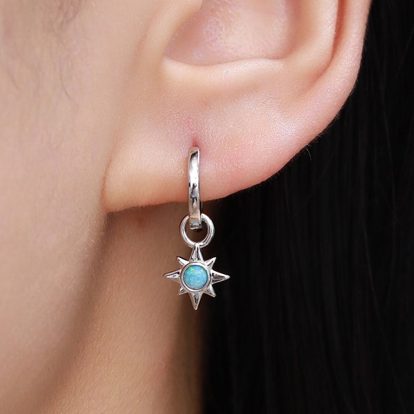 Opal Starburst Huggie Hoop Earrings in Sterling Silver, Blue Opal North Star Detachable Drop Earrings, Delicate Blue Opal Star Earrings