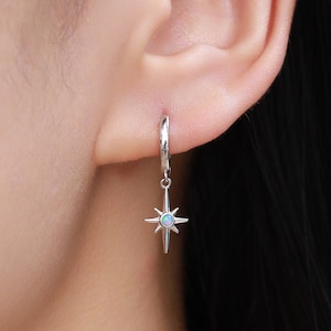 Opal Starburst Huggie Hoop Earrings in Sterling Silver, Blue Opal North Star Drop Earrings, Delicate Blue Opal Star Earrings