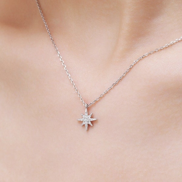 Collar con colgante de estrella diminuta en plata de ley, plata u oro, collar con estrella del norte de circonita cúbica, joyería celestial