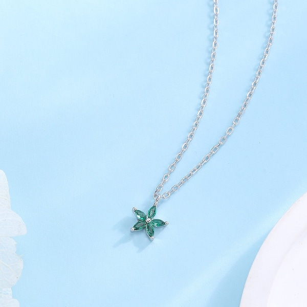 Tiny Emerald Green CZ Flower Necklace in Sterling Silver, Silver or Gold, CZ Flower Necklace, CZ Cluster Floral Necklace