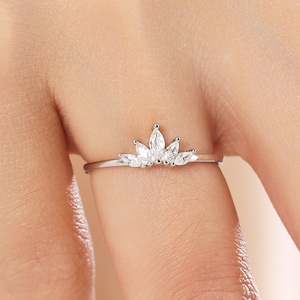 Sterling Silver Marquise Crown Ring, Cluster Ring, Lotus Ring, Flower Ring, CZ Ring, Silver or Gold  US 5 - 8