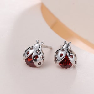 Tiny CZ Labybird Stud Earrings in Sterling Silver, Silver or Gold, Ladybug Earrings, Cute Red Ladybird Earrings