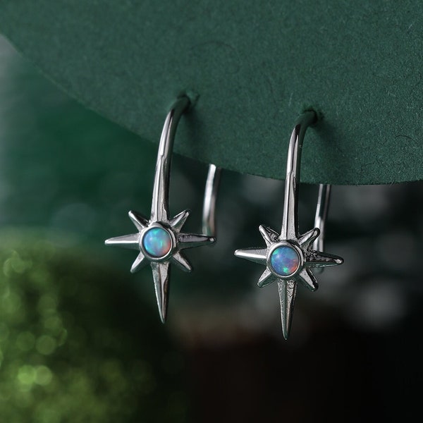 Opal Starburst Drop Hook Earrings in Sterling Silver, Blue Opal North Star Drop Earrings, Delicate Blue Opal Star Earrings, Sunburst Earring