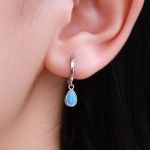 Sterling Silver Dangling Opal Droplet Hoop Earrings, Blue Opal or Fire Opal Charm Dangle Hoop Earrings, Silver or Gold