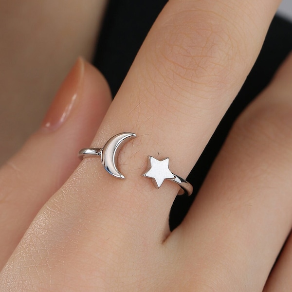 Sterling Silver Moon and Star Open Ring, Adjustable Size, Celestial Jewellery, Dainty and Delicate