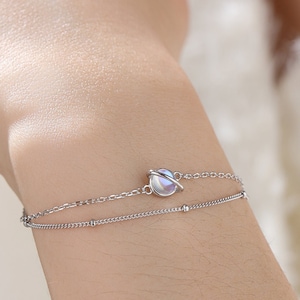Bracciale a doppio strato con pianeta in argento sterling con catena a perline, argento o oro o oro rosa, bracciale Saturno, bracciale pianeta