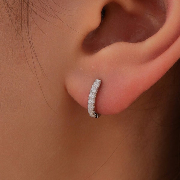 CZ Huggie Hoops in Sterling Silver, Silver or Gold, Minimalist Hoop Earrings, 8mm Hoops, cartilage hoops