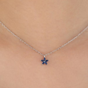 Può includere: Una collana a catena d'argento con un piccolo ciondolo a forma di fiore blu.