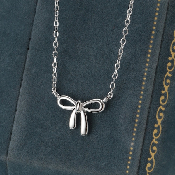 Tiny and Delicate Ribbon Bow Pendant Necklace in Sterling Silver, Ribbon Bow Necklace, Silver or Gold or Rose Gold - Cute Quirky and Fun