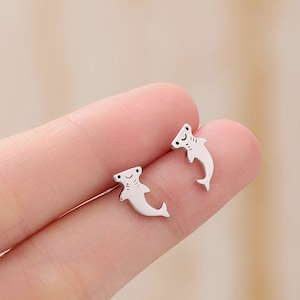 Kawaii Hammerhead Shark Stud Earrings in Sterling Silver, Silver or Gold or Rose Gold, Cute Shark Earrings, Smiling Fish Earrings