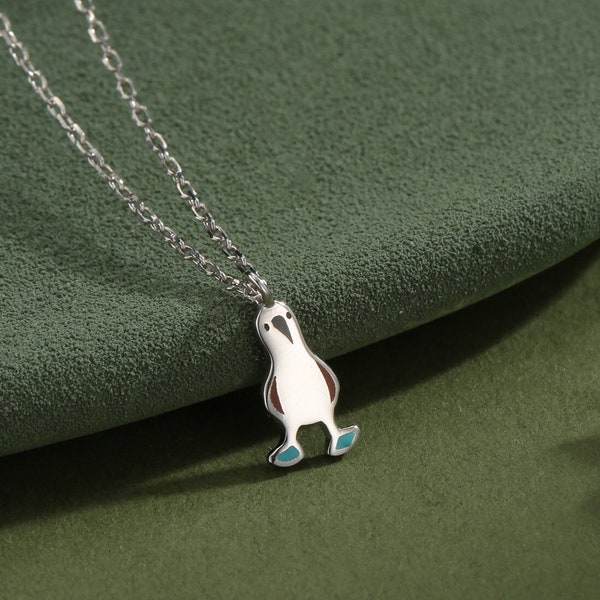 Blue Footed Boobie Bird Pendant Necklace in Sterling Silver with Enamel, Silver Boobie Bird Pendant, Nature Inspired Bird Necklace