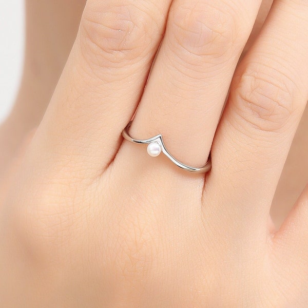 Bague V minimaliste avec perle naturelle en argent sterling, bague à chevrons d'eau douce véritable de 3 mm, bague diadème à taille réglable, bague en V véritable perle