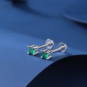 Emerald Green CZ Internally Threaded Flat Back / Screw Back Earrings in Sterling Silver, 4mm CZ, CZ Barbell Earrings, Silver or Gold