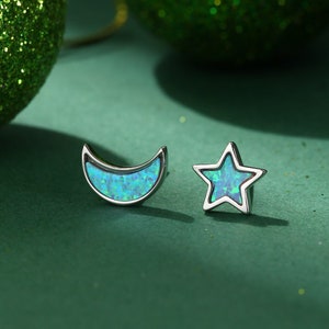 Mismatched Opal Moon and Star Stud Earrings in Sterling Silver - Blue Opal or White Opal - Gold or Silver - New Moon Earrings