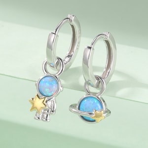 Mismatched Opal Astronaut and Planet Charmed Hoop Earrings in Sterling Silver - Cute Space Theme Huggie Hoop Earrings - Detachable Fun Hoops