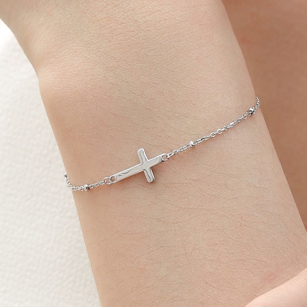 Dainty Cross Bracelet with Satellite Chain in Sterling Silver, Silver or Gold or Rose Gold,  Minimal Cross Bracelet, Minimalist Jewellery