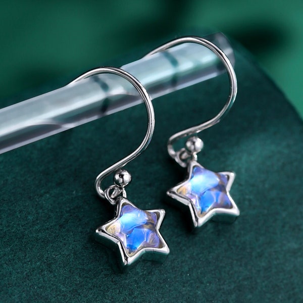 Moonstone Star Dangle Stud Earrings in Sterling Silver, Simulated Moonstone Star Earrings, Silver or Gold, Sunburst Earrings, Celestial