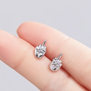 Middle Finger Stud Earrings in Sterling Silver, Silver, Gold or Rose Gold, Rude Gesture Earrings, Silver Finger Earrings