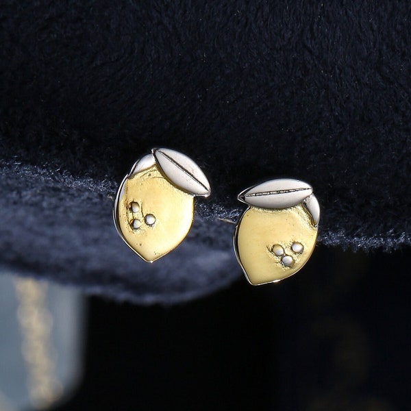 Lemon Stud Earrings in Sterling Silver, Silver and 14ct Yellow Gold Two Tone Earrings, Fruit Earrings, Summer Earrings