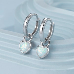 Delicate Opal Heart Huggie Hoop Earrings in Sterling Silver, Silver or Gold, Blue or White Heart Opal, Tiny Opal Hoop Earrings