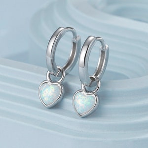 Delicate Opal Heart Huggie Hoop Earrings in Sterling Silver, Silver or Gold, Blue or White Heart Opal, Tiny Opal Hoop Earrings