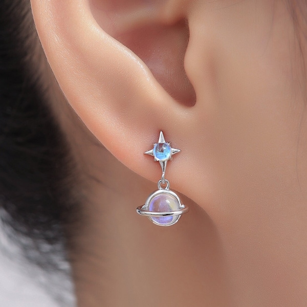 Moonstone Planet with Starburst Stud Earrings in Sterling Silver, Lab Moonstone Saturn Earrings, Silver or Gold, Planet Earrings