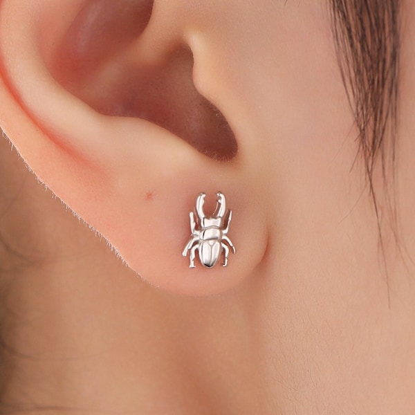 Tiny Stag Beetle Stud Earrings in Sterling Silver, Silver or Gold or Rose Gold, Beetle Earrings, Bugs Earrings, Bugs Stud