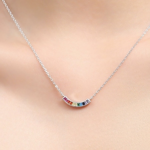 Rainbow CZ Pendant Necklace in Sterling Silver, Silver or Gold, Silver Rainbow CZ Curved Bar Necklace, Rainbow CZ Cluster Pendant