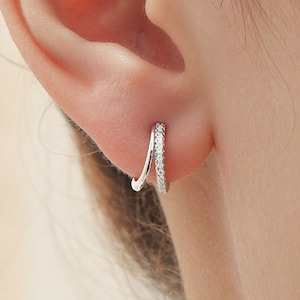 Double Hoop Effect Earrings in Sterling Silver, CZ Pave Hoop Earrings, Silver, Gold, Rose Gold, Dainty and Delicate image 1