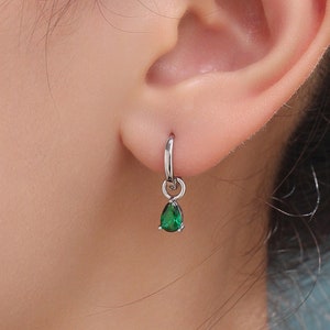Créoles gouttes CZ vert émeraude en argent sterling, argent, or ou or rose, boucles d'oreilles pendantes taille poire, breloques interchangeables