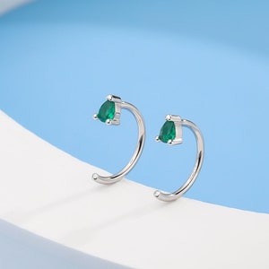 Emerald Green CZ Droplet Huggie Hoop Earrings in Sterling Silver, Tiny Green Pear Cut CZ Open Hoops, Pull Through Threaders, Half Hoops