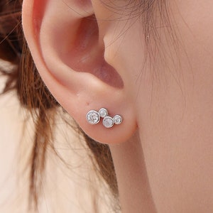 Clear CZ Bubble Cluster Stud Earrings in Sterling Silver, Silver or Gold, Bezel CZ Cluster Earrings, CZ Wing Earrings, Mini Crawler