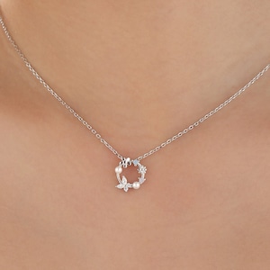 Forget Me Not Flower and Butterfly Wreath Necklace in Sterling Silver, Silver or Gold or Rose Gold, Tiny CZ and Flower Necklace